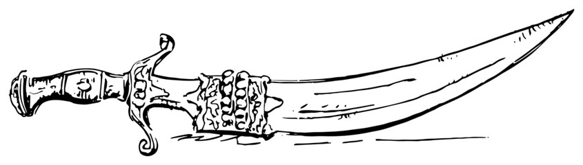 Fototapeta premium Traditional ornate curved dagger with decorated hilt in detailed ink sketch style