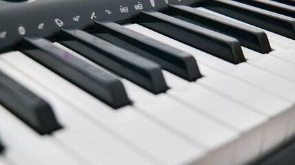 Close-up view of black and white keys on an electronic keyboard. Musical instrument detail suitable for music education, practice, performance, creativity, and entertainment concepts © Hanna