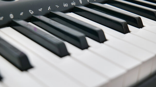 Close-up view of black and white keys on an electronic keyboard. Musical instrument detail suitable for music education, practice, performance, creativity, and entertainment concepts