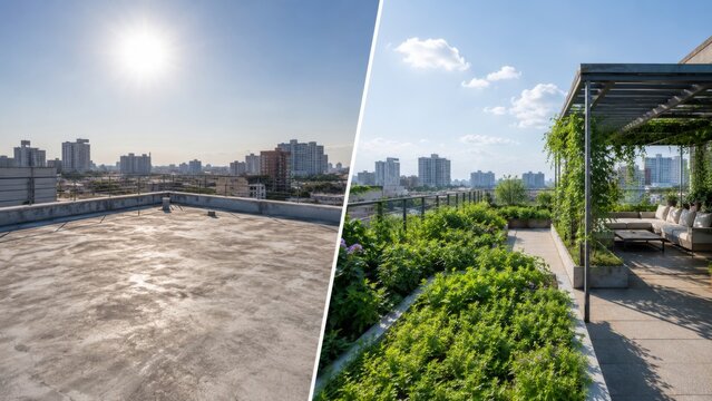 Urban concrete rooftop versus green shaded climate adaptive roof garden