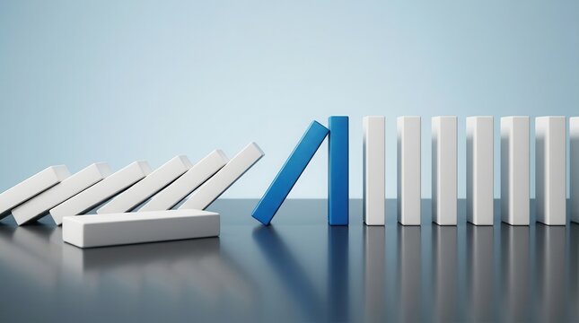 A domino effect where blue blocks act as a solution to stop falling white blocks.