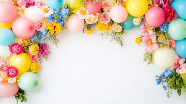 Colorful balloons and flowers arranged in a half-circle frame on a white background, leaving a blank space in the center ideal for text or images.