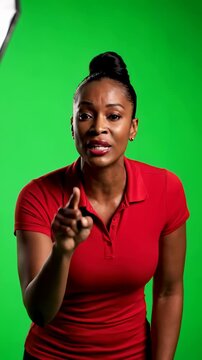 Woman in Red Shirt Gesturing Against Green Screen Background.