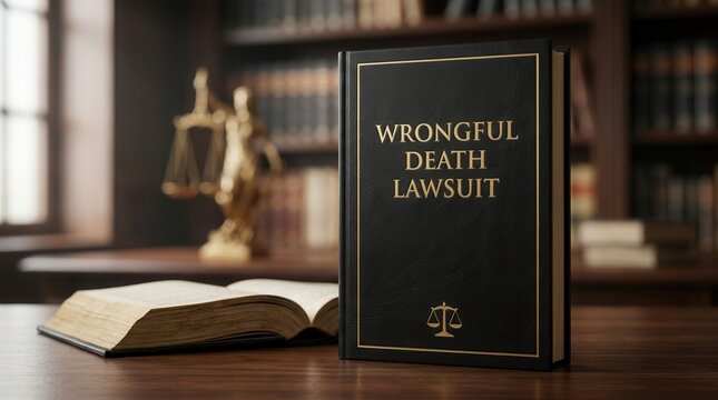 Open legal volume and a closed law book titled 'wrongful death lawsuit' on a table symbolizing legal pursuit and wrongful death claims.