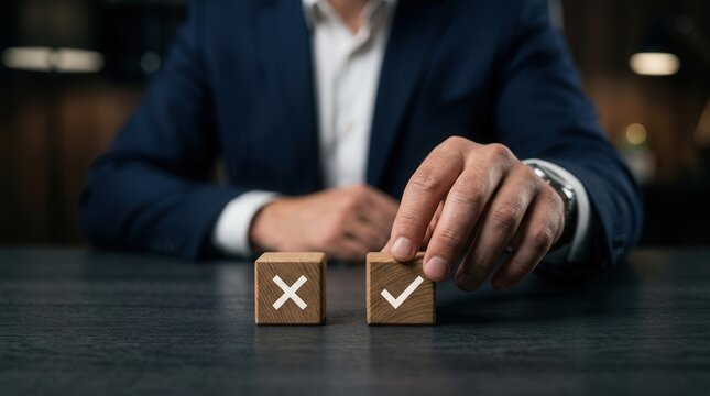 Professional man evaluating true or false business options during a difficult situation.