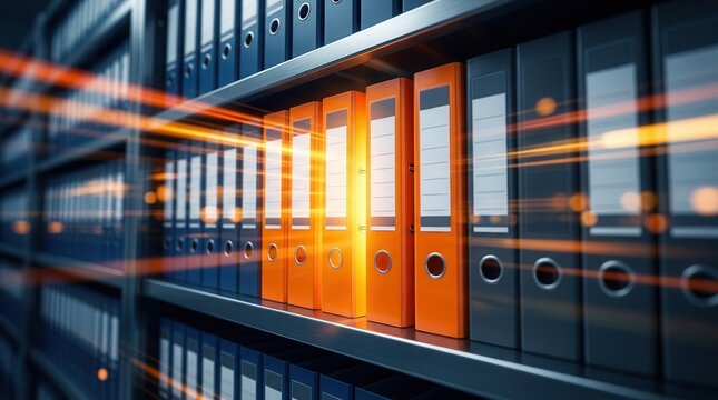 A row of glowing binders on a shelf illustrating digital asset organization for compliance and legal hold.