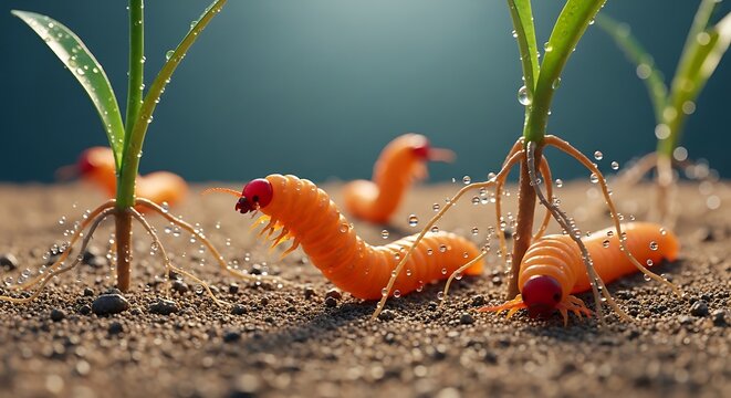 Close-up of orange larvae crawling near young plants, glistening with water droplets