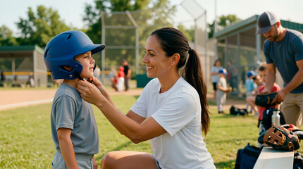 Fototapeta premium Coach helping child with helmet on baseball field. Supportive female mentor assisting young boy with sports gear before practice