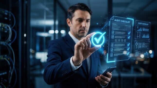 An auditing concept showing a professional assessing document correctness and plan review.