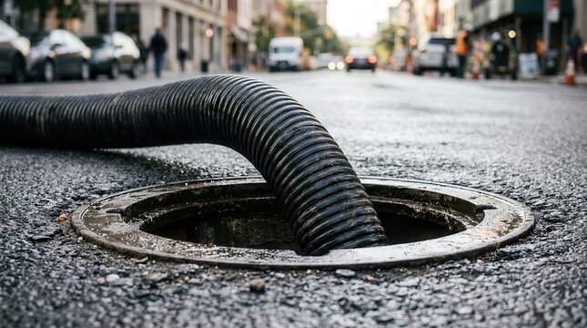 Professional no-dig pipeline restoration using a flexible hose inserted into an urban manhole.