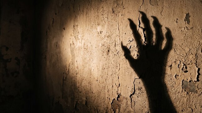 Scary monster claw shadow reaching out from darkness onto a textured wall, perfect for Halloween themes