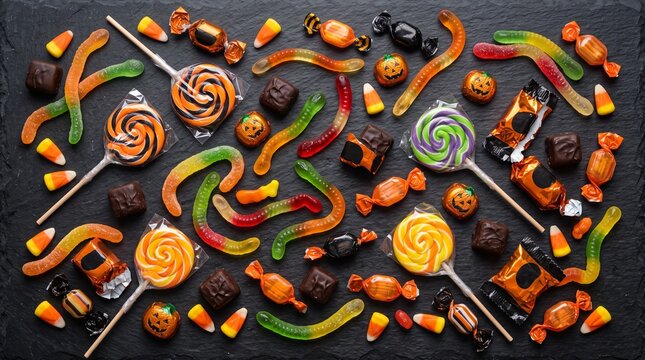 Assortment of Halloween Candies Including Gummy Worms Lollipops Chocolate and Candy Corn on Dark Slate