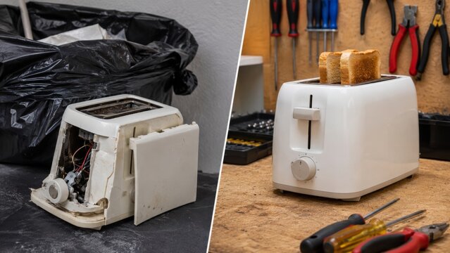 Broken appliance discarded versus repaired toaster kept in use