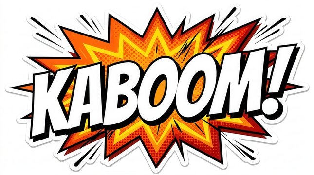 Bold white KABOOM text set against an orange and red comic book style explosion starburst.