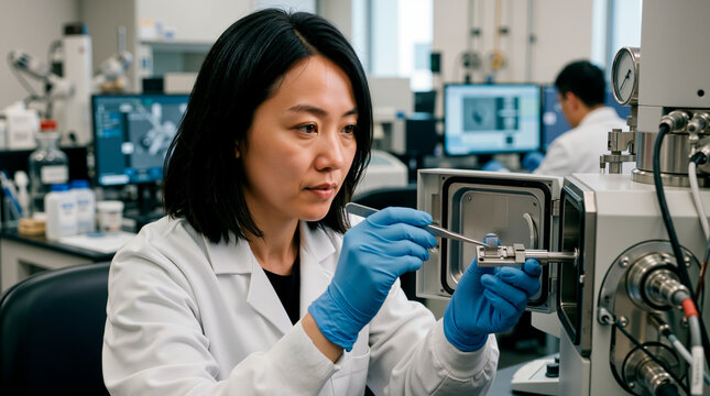 Electron microscopy technician preparing a sample in a laboratory. Scientist using tweezers to load a specimen into a scanning electron microscope