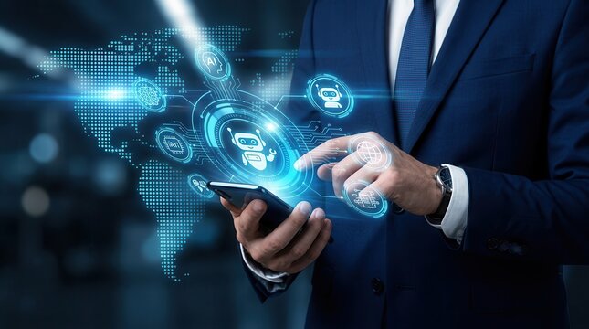 A businessman engaging with AI assistants for automated customer service and real-time data interaction.