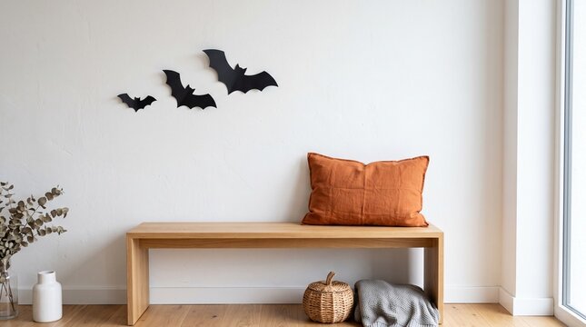 Modern minimalist entryway decorated for Halloween with black bat wall decals and orange pillow on wooden bench