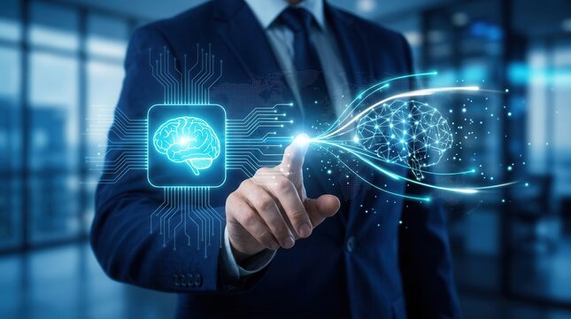 Digital interface showing machine learning, neural networks, and data mining concepts held by a businessman.
