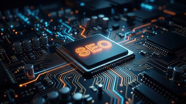 Microchip circuit board with glowing SEO text and blue and orange lights for digital marketing.