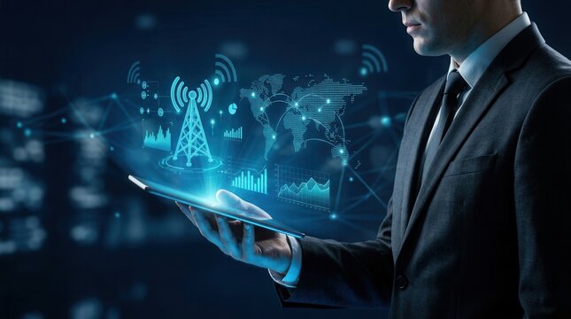 Telecom services and global network infrastructure visualized through a businessman using a tablet.