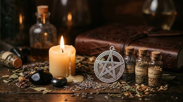 Witchcraft ritual tools including a burning candle, crystals, and silver pentagram on a dark mystical altar.