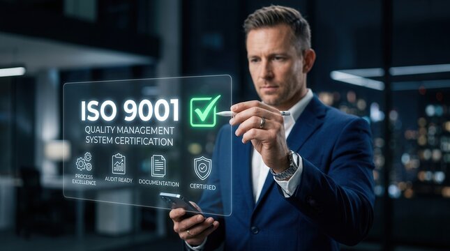 A professional businessman using a digital stylus to choose ISO 9001 QMS certification on a virtual screen.