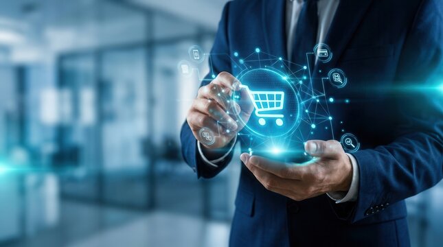 Digital retail and cross-border trade visualization with a businessman using online shopping platforms and product catalogs.