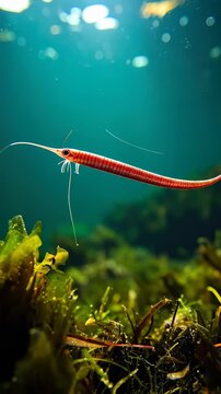 Underwater shot of a slender red fish swimming near seaweed.