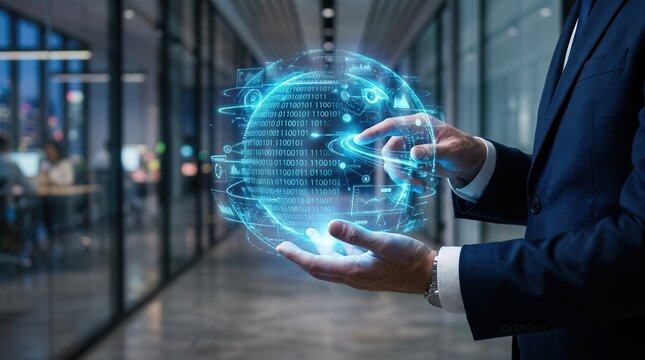 Data governance and big data analytics being controlled by a businessman using futuristic digital technology.