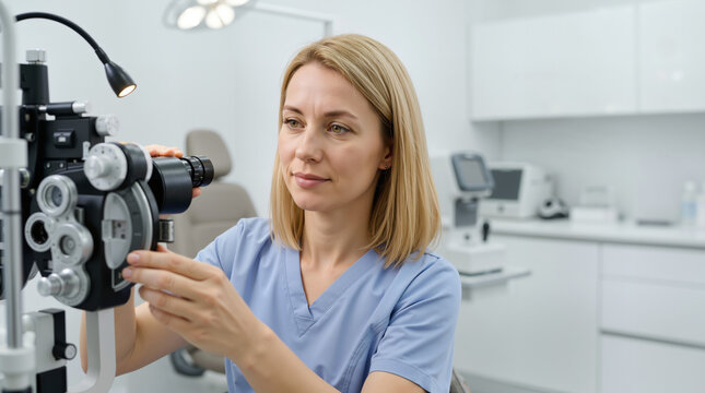 Ophthalmologist adjusting phoropter for eye examination. Female eye doctor preparing medical equipment in clinic