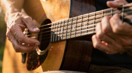 Obraz premium Musician Playing Acoustic Guitar with Detailed Fretboard Close-up