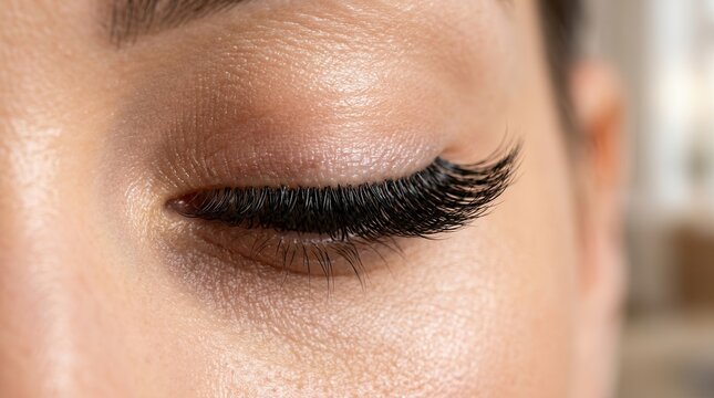 Eyelash extension application featuring long curled lash clusters on a closed eye close-up.