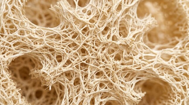 Natural loofah sponge texture macro, organic fibrous bath scrubber material, beige dried luffa plant fibers for sustainable skincare and spa wellness