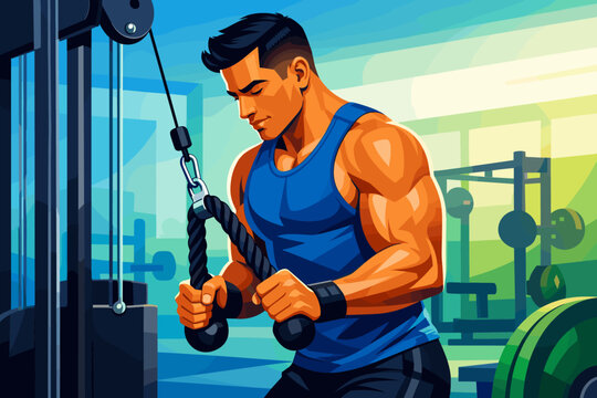 Muscular man performing triceps pushdowns with a cable machine in a gym