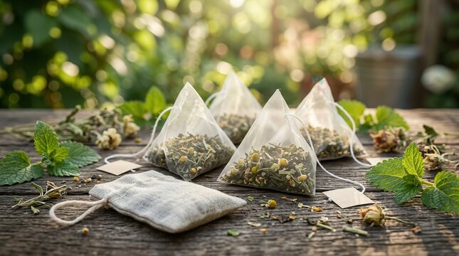 Organic green tea and lemon balm tea bags set against a soft green garden background.