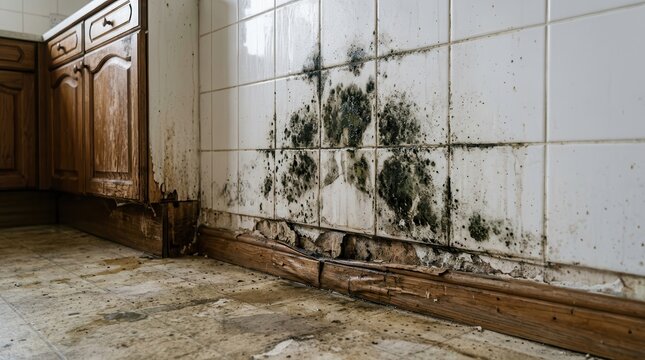 Water damage and mold growth on kitchen wall and floor requiring wet remediation.