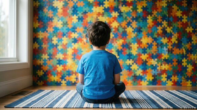 A child with autism spectrum disorder sits thoughtfully against a large, colorful puzzle pattern.