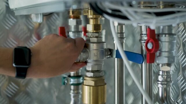 HVAC Technician Adjusting Heat Pump and Boiler System in Modern Mechanical Room