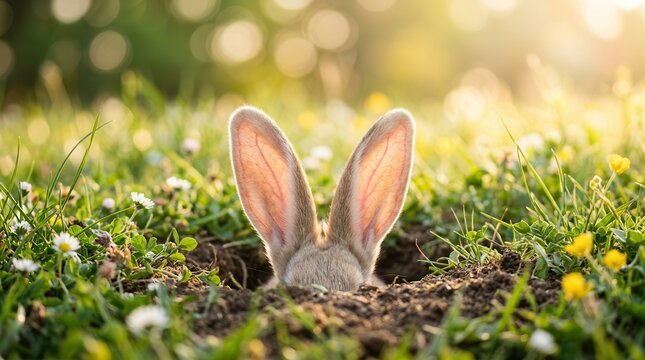 Spring meadow scenery featuring a fluffy wild bunny's long ears visible from a hole in the grass.