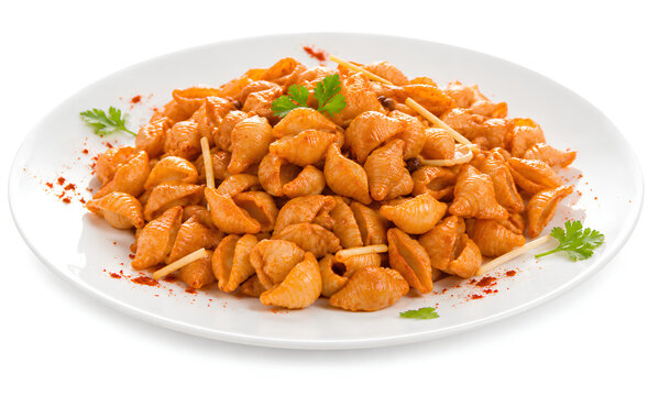 Spicy Pasta Shells in Creamy Tomato Sauce on White Plate