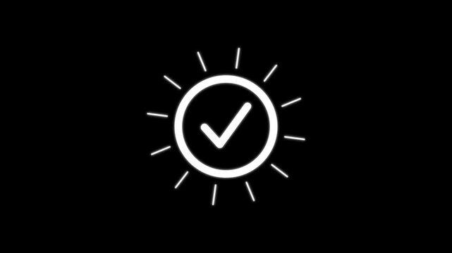 Glowing Neon white Check Mark Icon with Rays, Futuristic Checkmark in Circle for Right Choice, Success, Complete, Approved, Cybersecurity and Digital Safety Task Done Motion Graphics..