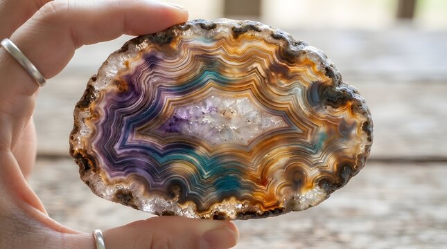 Exquisite agate gemstone slice held by fingers showing intricate natural banding patterns and deep vibrant purple and orange colors with crystalline center point for jewelry or geological specimen 