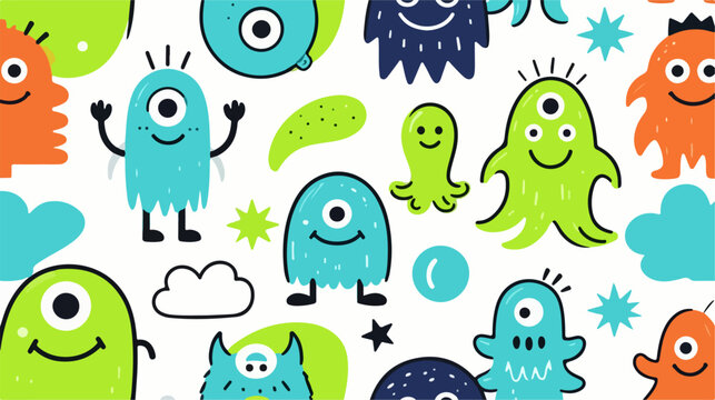 Cute monster seamless pattern, colorful cartoon alien background vector, playful kids fabric design with friendly creatures