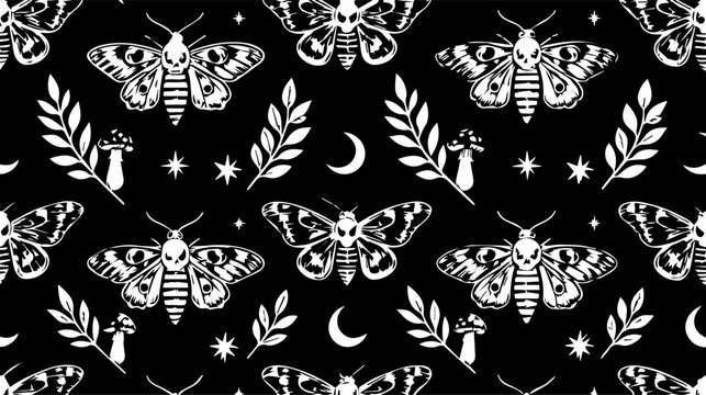 Gothic death head moth seamless pattern, mystical celestial moon and stars background, occult linocut vector ornament for fabric and wrapping paper