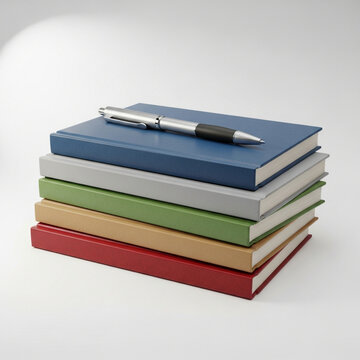 Stack of books with a pen on top