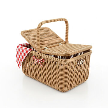 Wicker picnic basket with red gingham cloth and bow