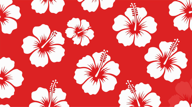 Hawaiian hibiscus seamless pattern, tropical white flowers on red background, vector floral print for summer fashion and wrapping paper