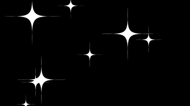 Twinkling white sparkle stars animation with glowing cartoon doodle effects, blinking retro vector stars, magical glitter dust, seamless looping night sky overlay on black background in 4K.