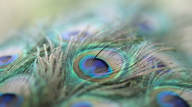 Macro peacock feather detail with vibrant iridescent blue and green colors showing beautiful texture and intricate pattern of bird plumage in close up shot with shallow depth of field for background.