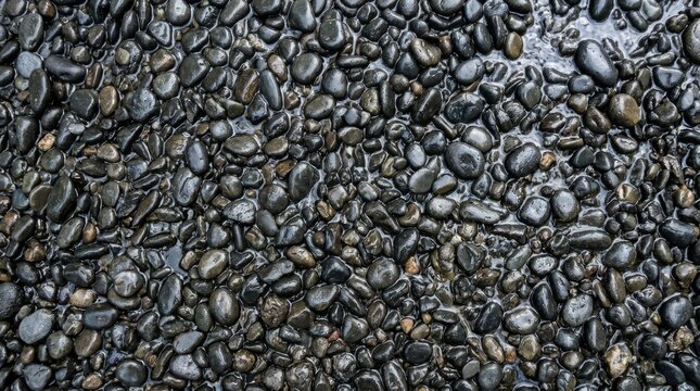 Polished black river stones background, wet dark pebble texture, smooth volcanic rock surface for spa and wellness design, zen garden stone floor